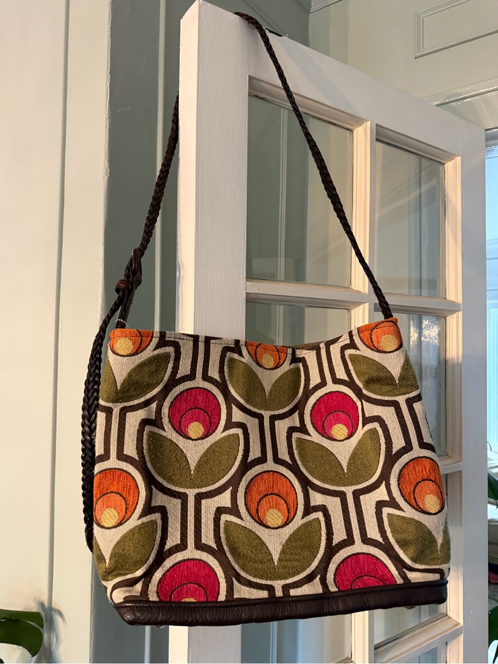 Sac A Main Canvas Floral Tote Shoulder Bag in Olive, Pink & Orange